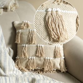 Cushion Cover – Set of 5 | Handwoven Beige Tassel Pillows